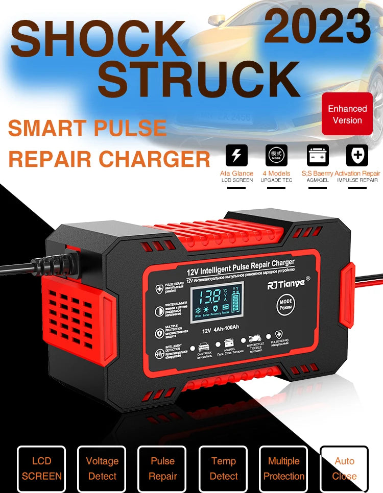 Car Battery Charger 12V 6A Touch Screen Pulse Repair LCD Fast Power Charging Wet Dry Lead Acid Digital LCD Display