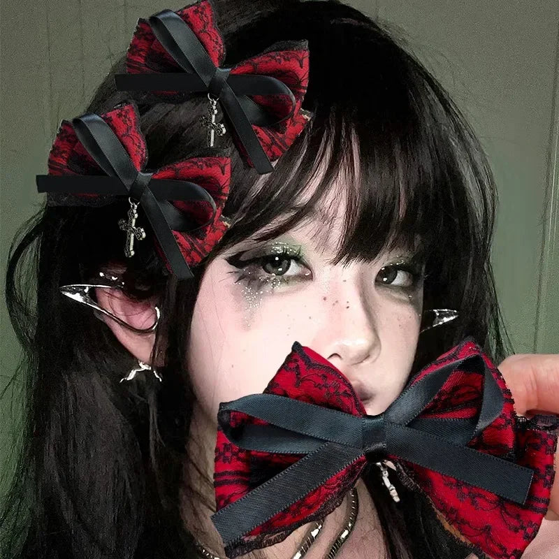 2pcs Gothic Girl's Street Exquisite Hair Accessories Fashion Bowknot Hair Clips Versatile Dressing Dark Style Bow Hair Clip 2025