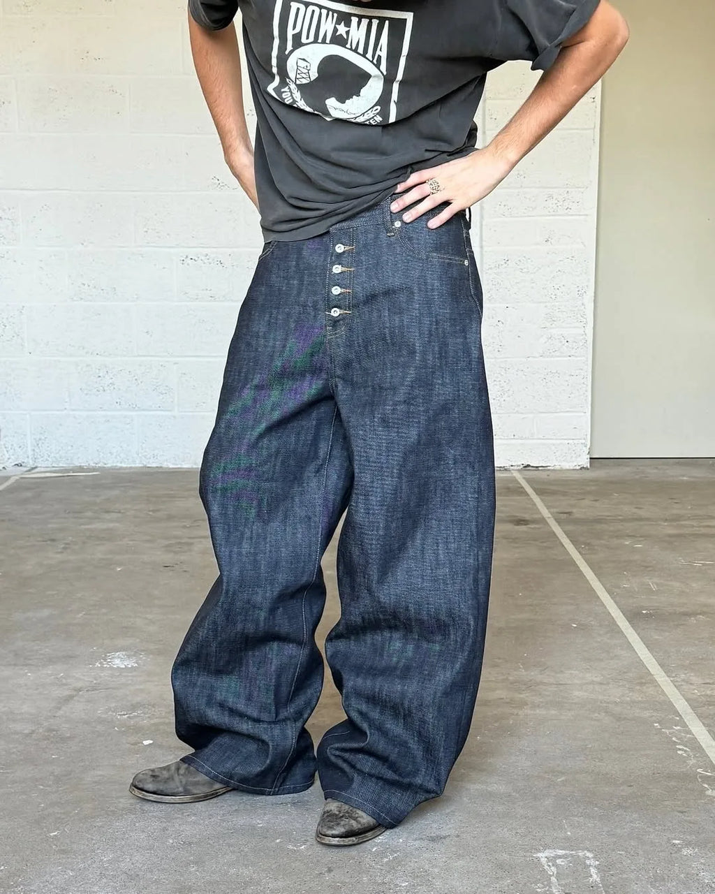 Japanese Raw Denim Loose Fit Jeans Classic Unwashed Cotton Workwear Baggy Trousers for Men