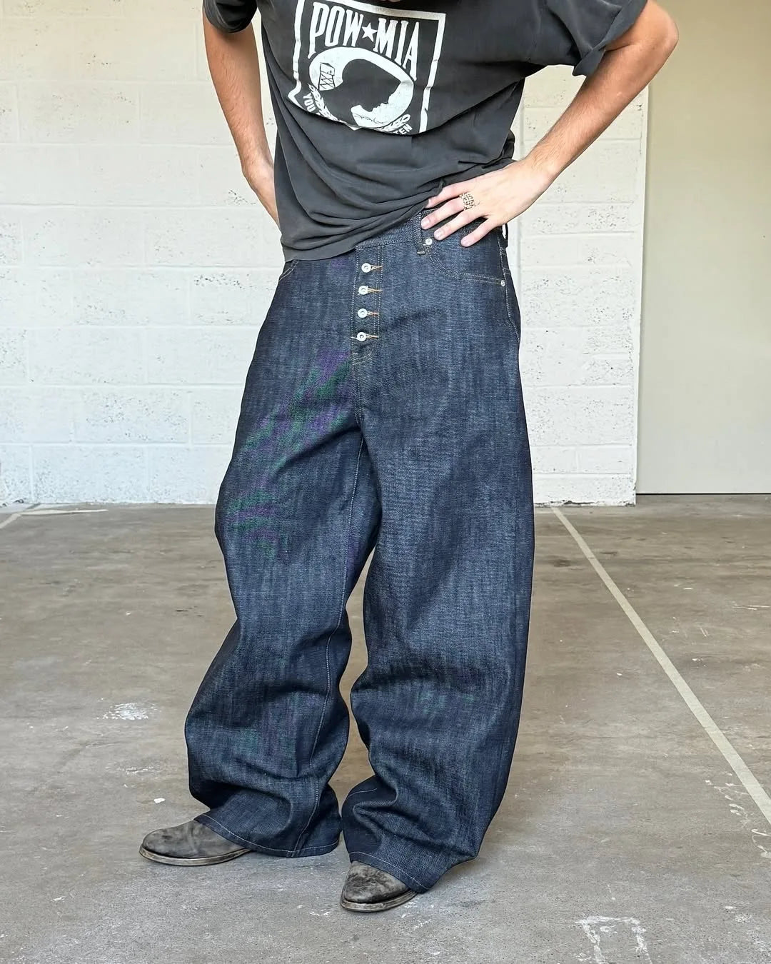 Japanese Raw Denim Loose Fit Jeans Classic Unwashed Cotton Workwear Baggy Trousers for Men
