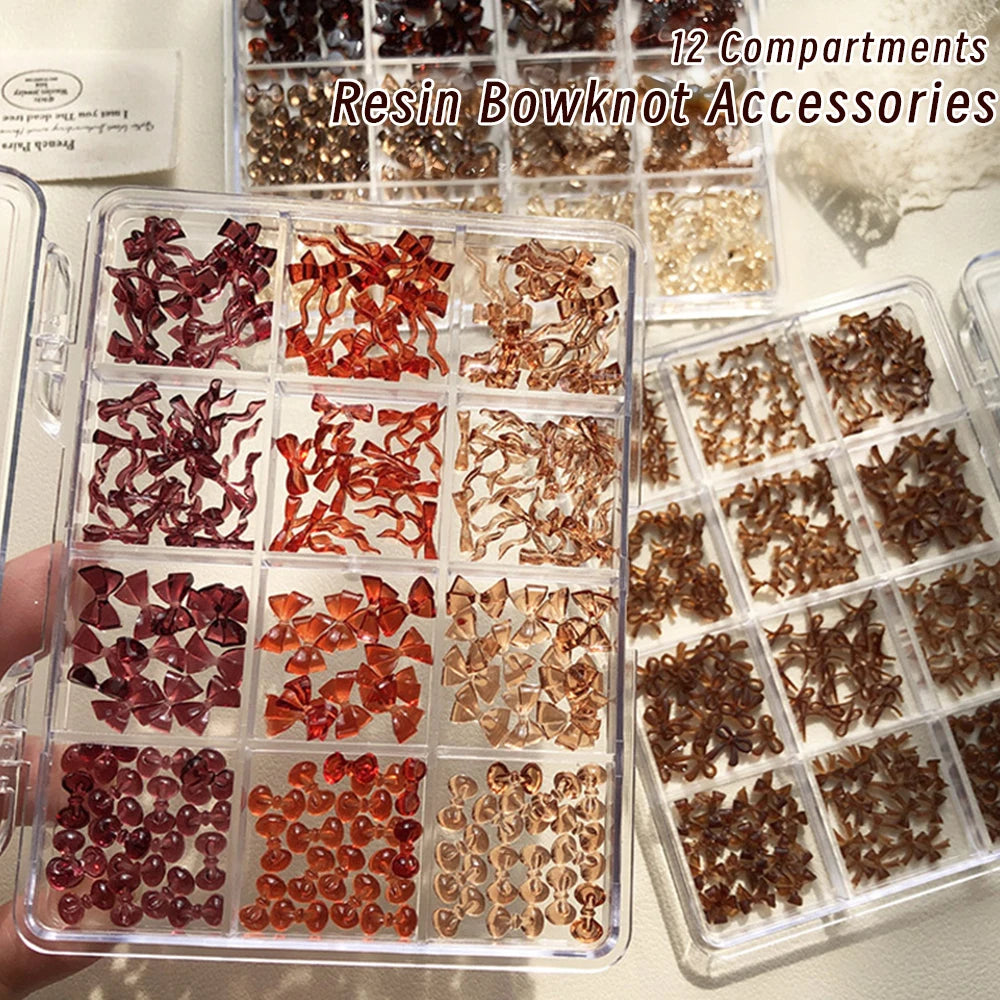 12Grids 3D Mini Maillard Brown Bowknot Kawaii Ribbon Bow New Year Nail Art Decorations Autumn Winter Y2K Bowtie Nail Rhinestones