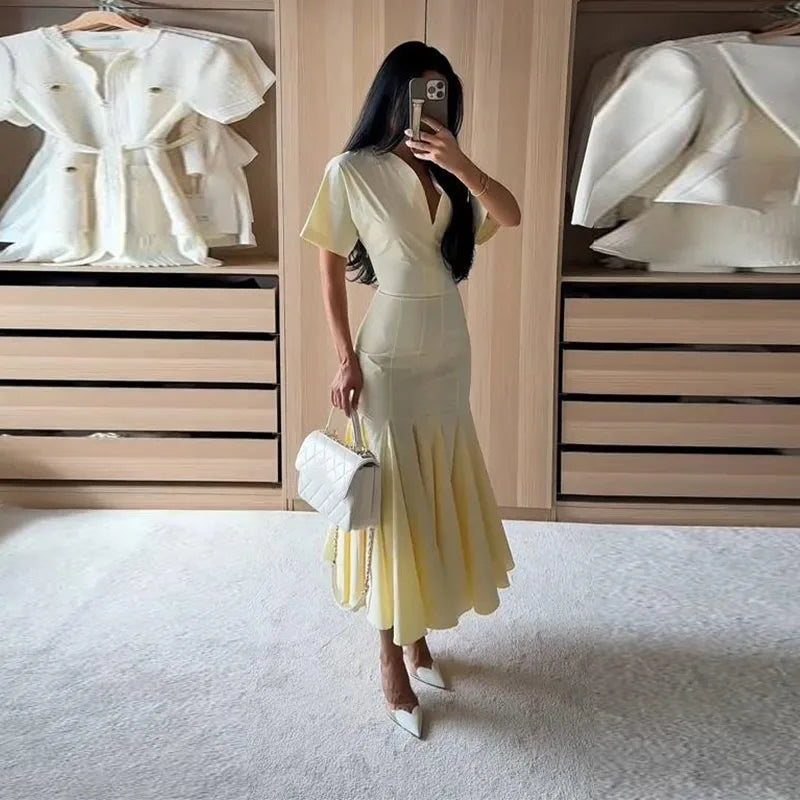 Elegant Solid Women's Dress V-Neck Short Sleeve Pleated Waist-Closed Hip Package Maxi Dresses 2026 Summer Female Vacation Robe