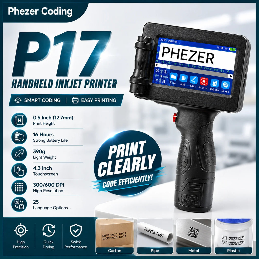 Phezer 1755 Handheld Inkjet Printer 12.7mm Portable Label Printing Machine Expiry Date Number QR Bar Code Logo Red Blue Black