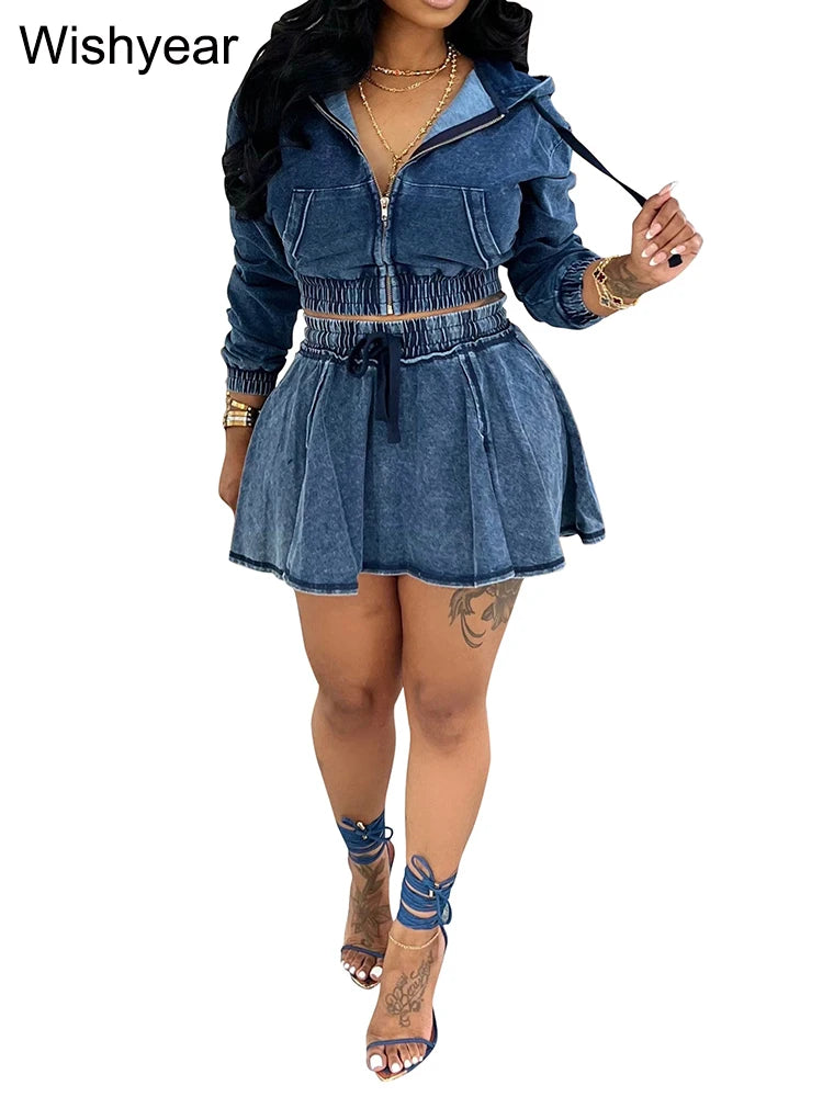  Women’s 2 Piece Denim Mini Skirt Set Long Sleeve Zip-Up Hooded Jacket and High Waist Flare Short Skirt Jean Casual Streetwear