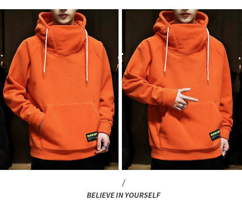 Men's Polar Fleece Sweatshirt Solid Color Street Style Autumn Winter Men Hood Sports Windproof Oversized High Collar Hoodie 5XL