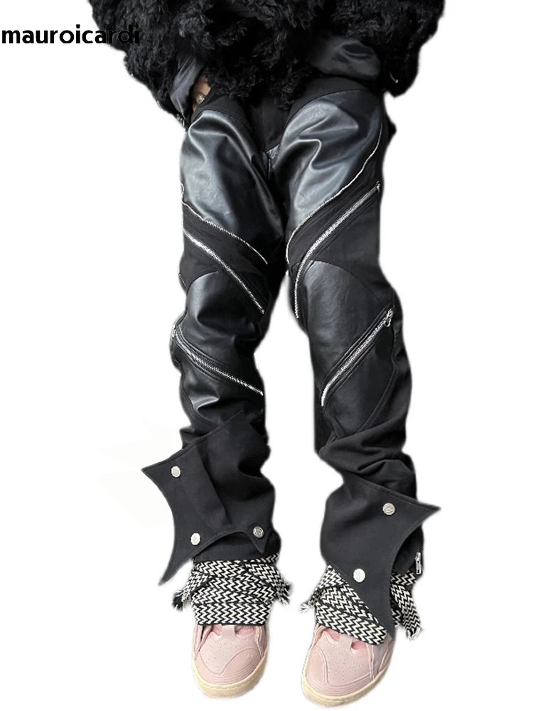 Mauroicardi Spring Autumn Long Black Patchwork Pu Leather Pants Men with Many Zippers Luxury Designer Clothing Trousers Fashions