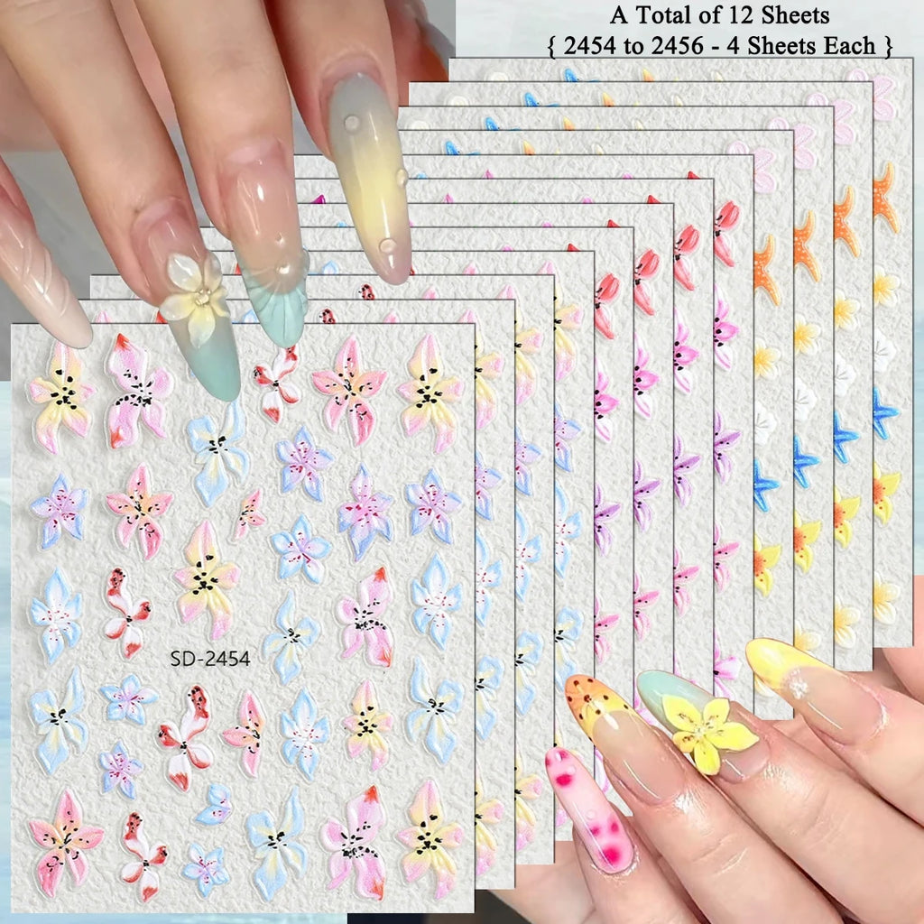 3 to 120 Sheets Tropical Flower Nail Stickers Hibiscus Butterfly Starfish Nail Decals 5D Embossed Self Adhesive Summer Nail Art