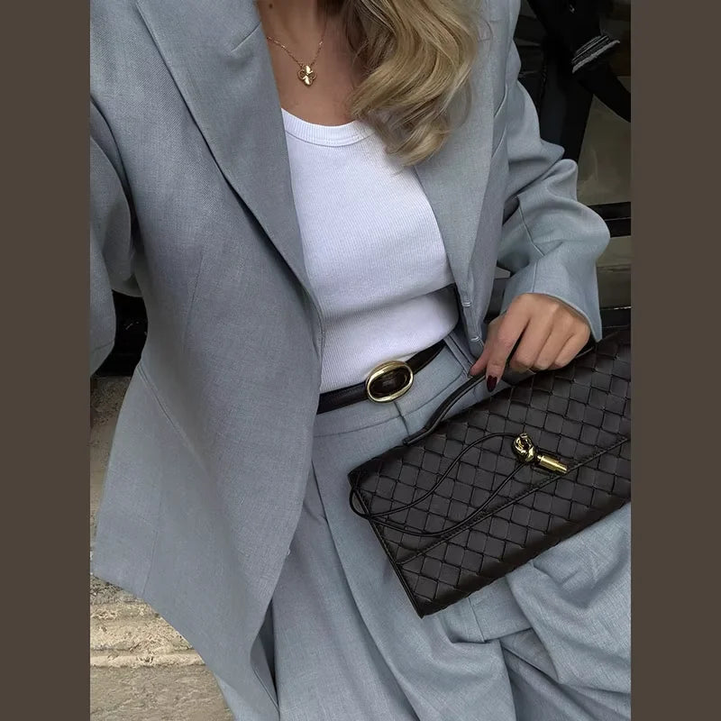 Casual V-neck Blazer Pants Set Women Single Breasted Pocket Jacket Wide Leg Trousers Lady Suit 2026 Elegant 2 Pieces Sets Female