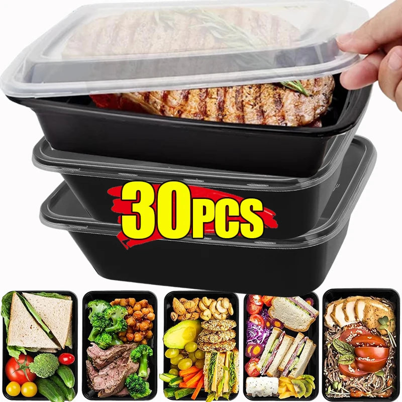 10/30pcs Disposable Food Containers Black Plastic Salads Sandwiches Lunch Box with Lids Home Kitchen Refrigerator Storage Boxes