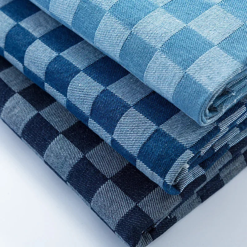 100% Cotton Jacquard Denim Fabric Plaid Jeans By The Meter for Dress Shirt Designer Clothing Sewing Washed Thickened Cloth Blue