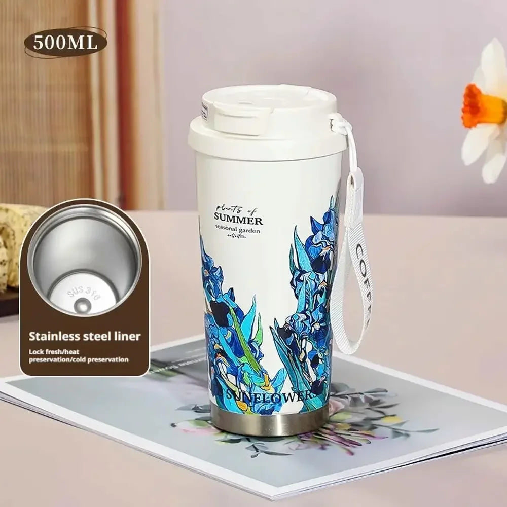 500ml vintage coffee cup sunflower women's cup portable travel cup leak proof double wall insulated cup vacuum drum