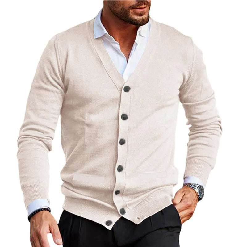 Spring Autumn Mens Solid Color Knitted Cardigan Fashion V-Neck Long Sleeve Slim Fit Sweater Coat with Pockets Men Knit Outwear