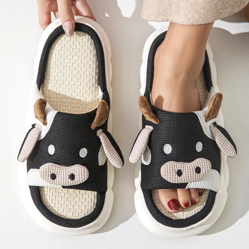 Cartoon Cute Cow House Slippers Women Platform Soft Sole Anti-slip Home Slides Woman Lightweight Warm Plush Indoor Cozy Slippers