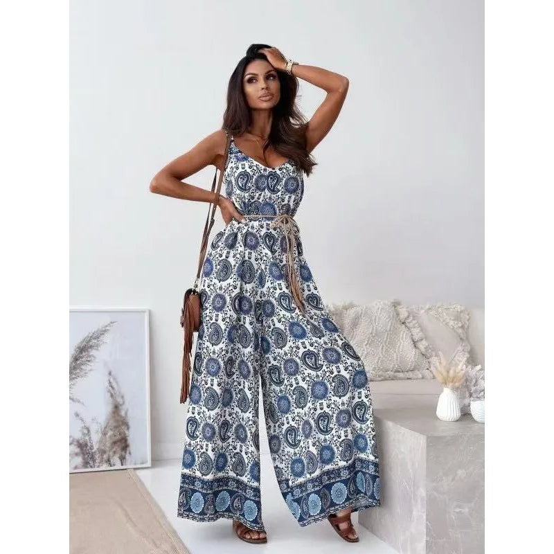 Women Wide Leg Jumpsuit V-Neck Strapless Belted Print New Style Short Pants Jumpsuits For Woman Combinaison Femme Monos Mujer