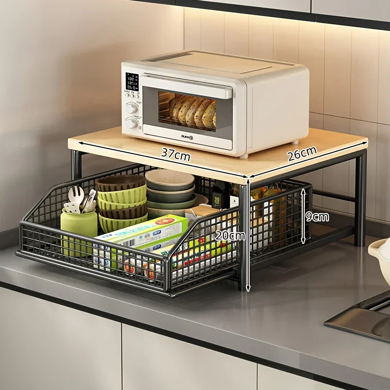 Microwave Oven Rack, 2-Tier Kitchen Countertop Storage Organizer, Solid Wood & Metal Shelf for Appliances, Spices & Tableware