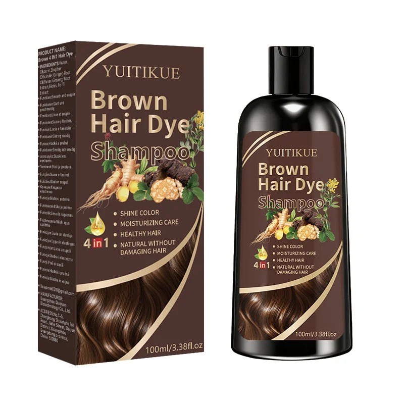 YUITIKUE Brown Hair Dye Shampoo 100ml 4-in-1 Moisturizing Care, No Damage & Fast Gray Hair Coverage