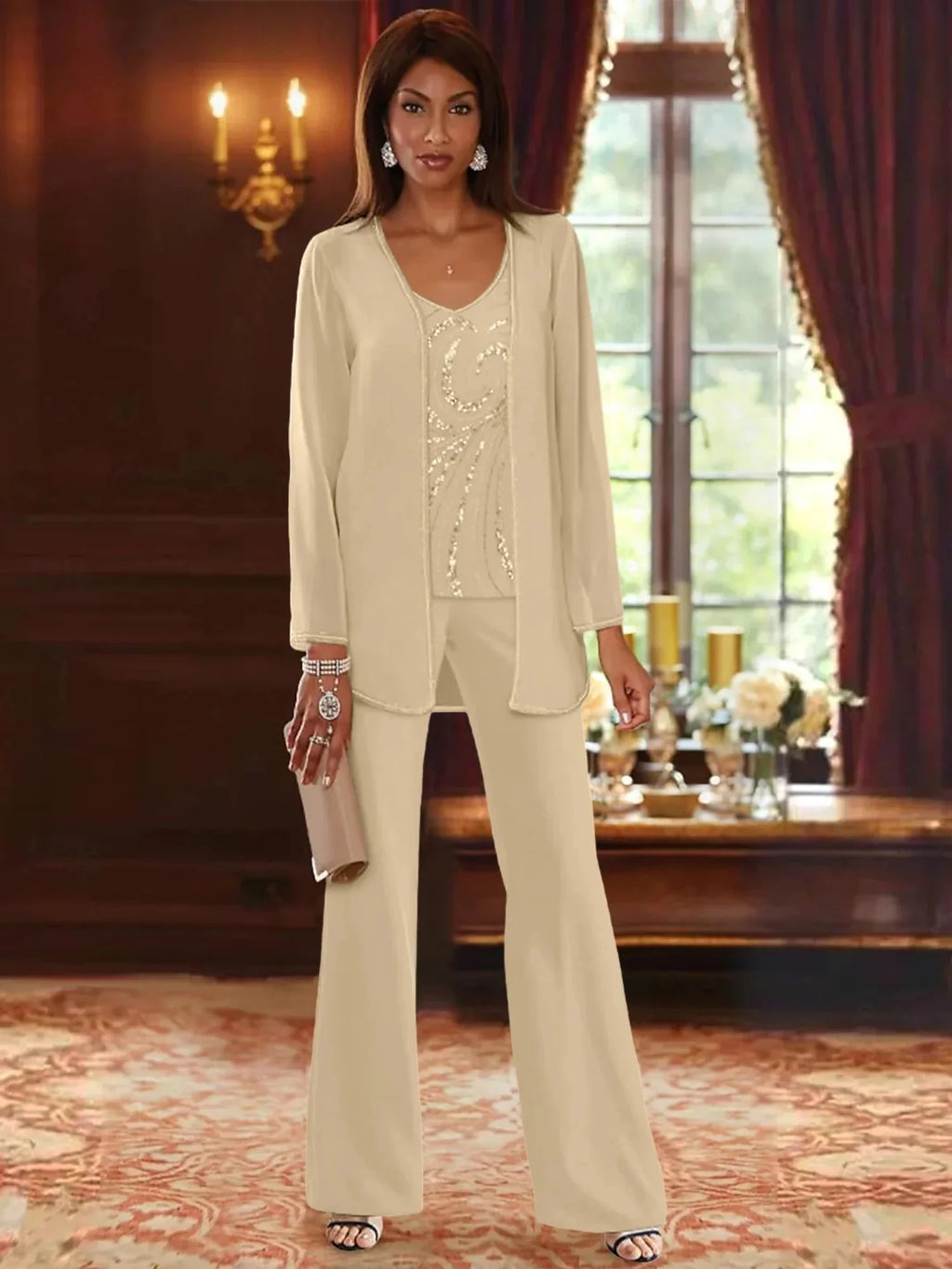 Pantsuit 3 Piece Mother of the Bride Dress Formal Wedding Guest V Neck Chiffon Lace Sleeveless with Beading Sequin 2024