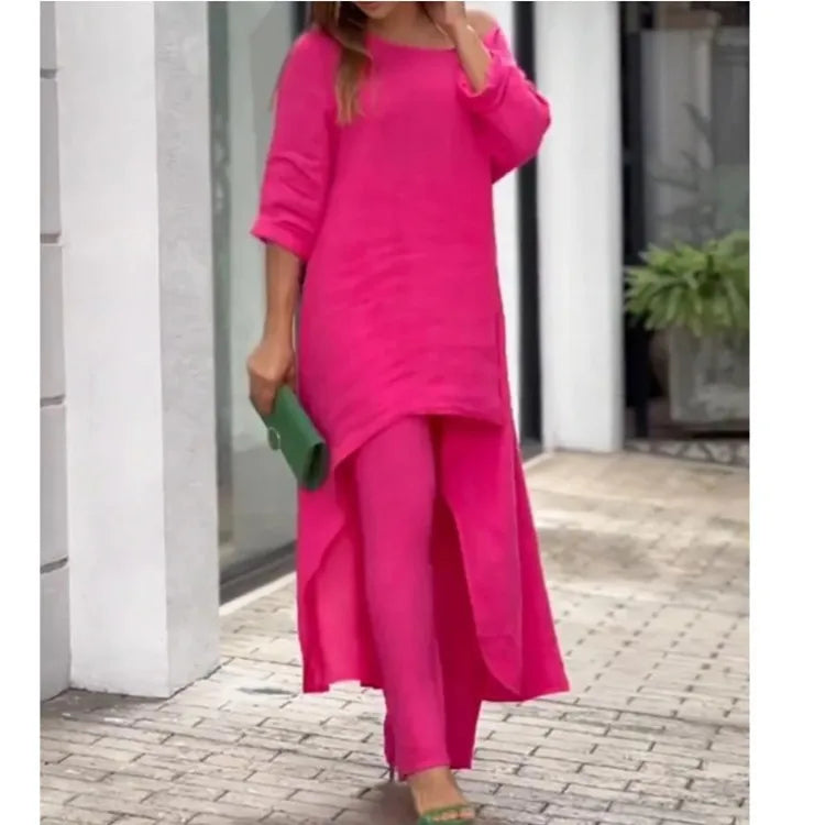 2025 Loose New In Matching Sets Two Piece Outfit 2 Pieces Set For Woman Solid Color Irregular Hem Long Sleeves Wide Legs Trouser