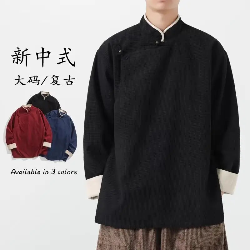 Autumn Winter Chinese Style Blouse Long-sleeved Jacket Men's Chinese Tang Suit Hanfu Lay Buddhist Zen Suit Tea Suit Slanted Top