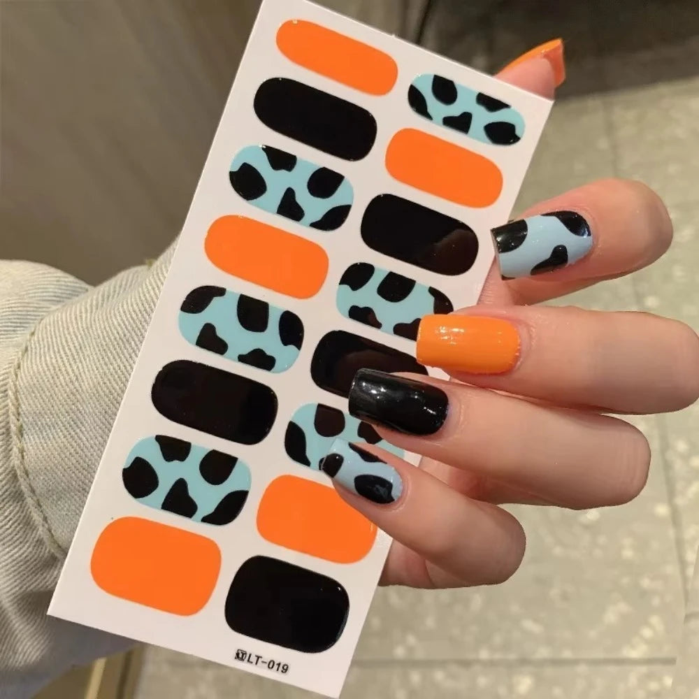 32 Strips Autumn Nail Stickers Semi Cured Full Cover Gel Nail Polish Strips Manicure Leopard Print Nail Patch