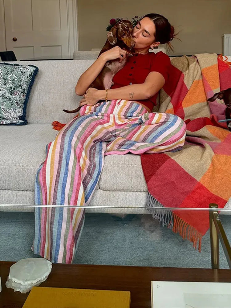 Women's Pants Bohemian Colorful Striped Panelled Wide Leg Trousers Fashion Lady High Waist Multi-color Slim Partywear Streetwear
