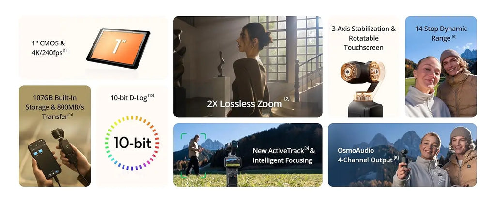 DJI Osmo Pocket 4 Standard Combo Pocket Gimbal Vlog Camera 1'' CMOS 4K/240fps Video 107GB Built-in Storage 3-Axis Stabilization 2x Lossless Zoom 2" Rotatable Screen ActiveTrack