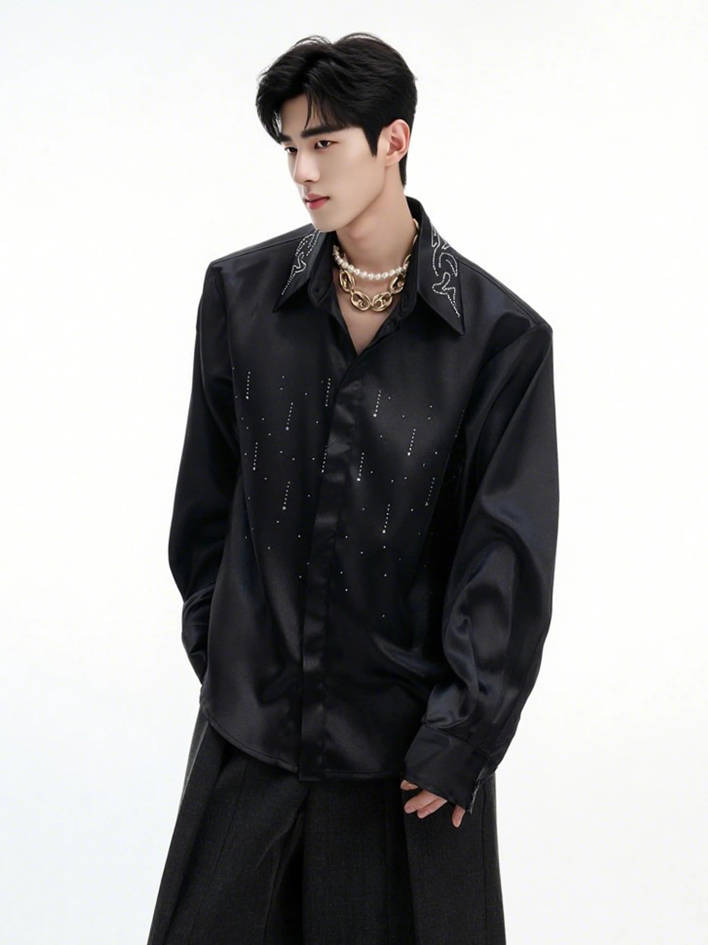 Men's Satin Rhinestone Shiny Long Sleeve Shirts 2025 Spring Autumn New High-end Loose Comfort Shirts Trendy Diamond Chic Jackets