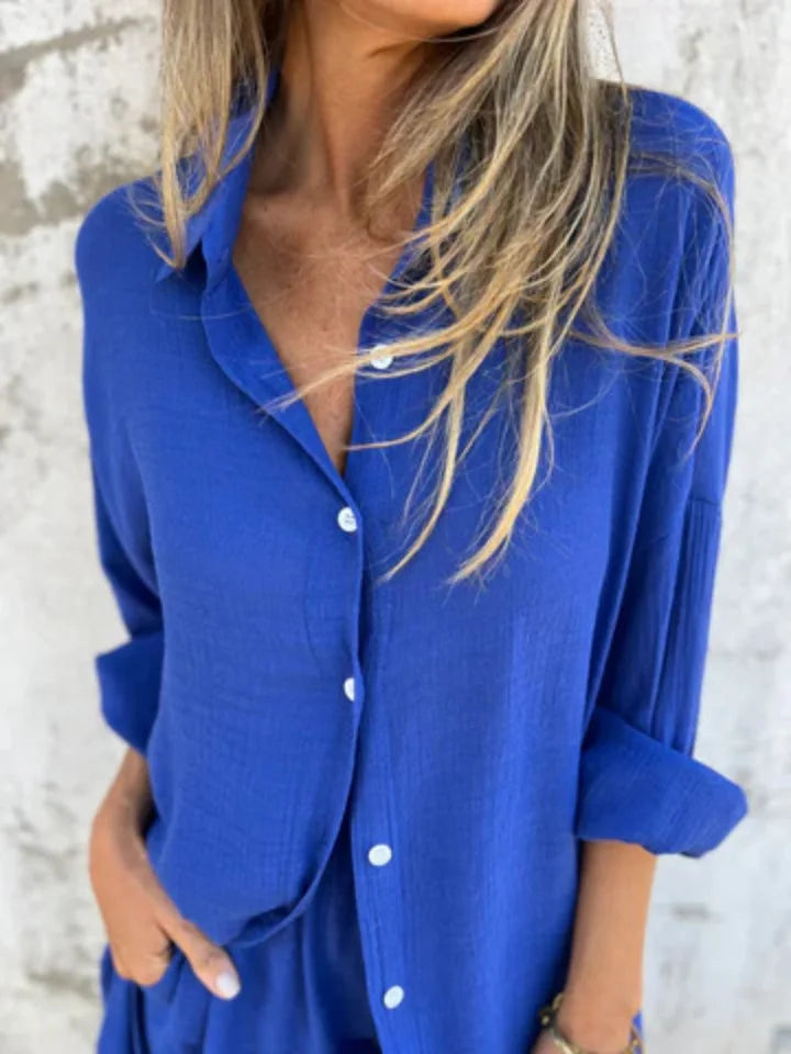 2026 Women's Casual Solid Color Cotton and Linen Shorts Long Sleeve Wrinkle Shirt Two-piece Set
