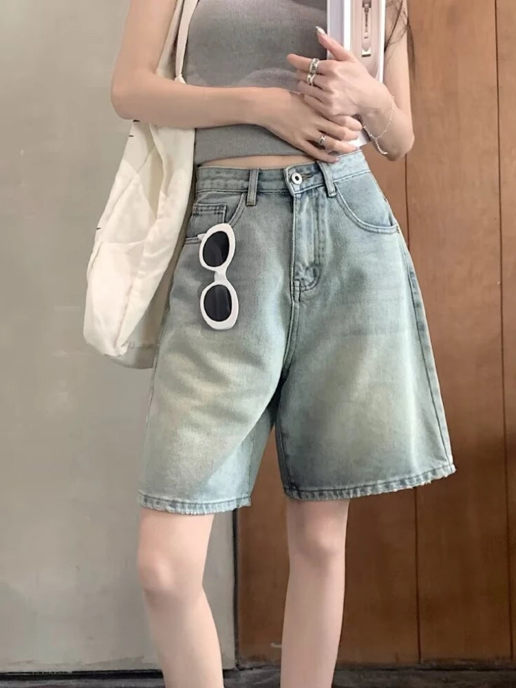 Summer High Waist Retro Jean Shorts for Women Loose Straight Denim Fashion Versatile Leisure Shorts Women's 2026