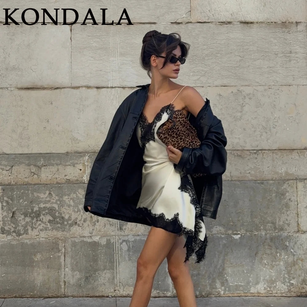 KONDALA 2026 Spring Summer Lace Patch Work Women Dresses Fashion Brown Wedding Guest Dress For Women Elegant Chic Ladies Dresses