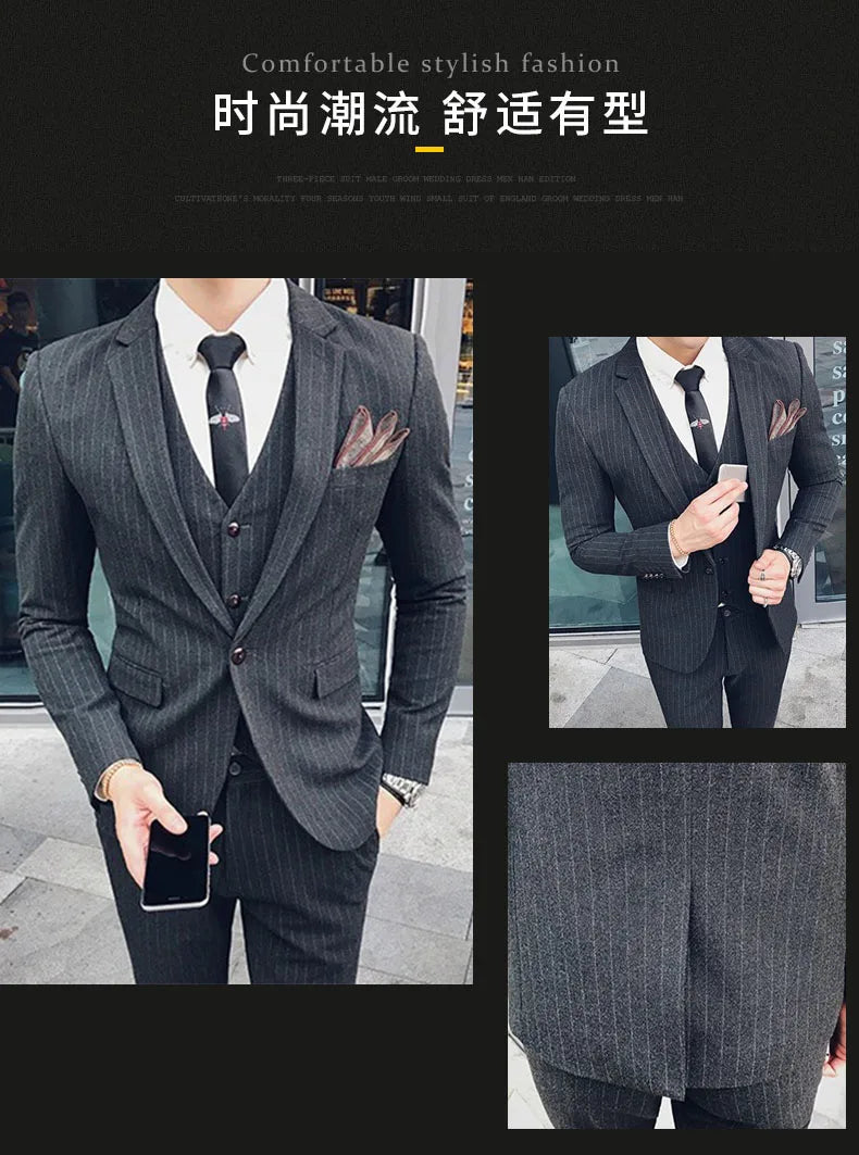 S-7XL ( Blazer + Vest + Pants ) Striped Plaid Solid Color Mens Formal Business Suit 3Pcs Set Groom Wedding Social Show Dress