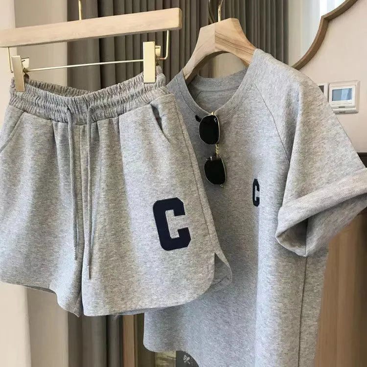  2 Piece Set Women Summer Loose Short Sleeve T-Shirt Casual Shorts Sports Print Letter Casual Suit Large Size Short Pajamas
