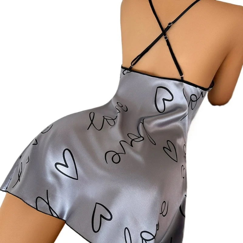 Heart Letter Print Nightdress Casual Round Neck Spaghetti Strap Sleep Dress Women's Sleepwear Dresses