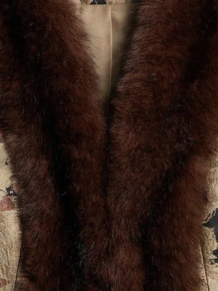 Floral Jacquard Faux Fur Trim Jacket V Neck Single Button Long Furry Cuff Cropped Coats 2026 Vintage Winter New Warm Party Coat