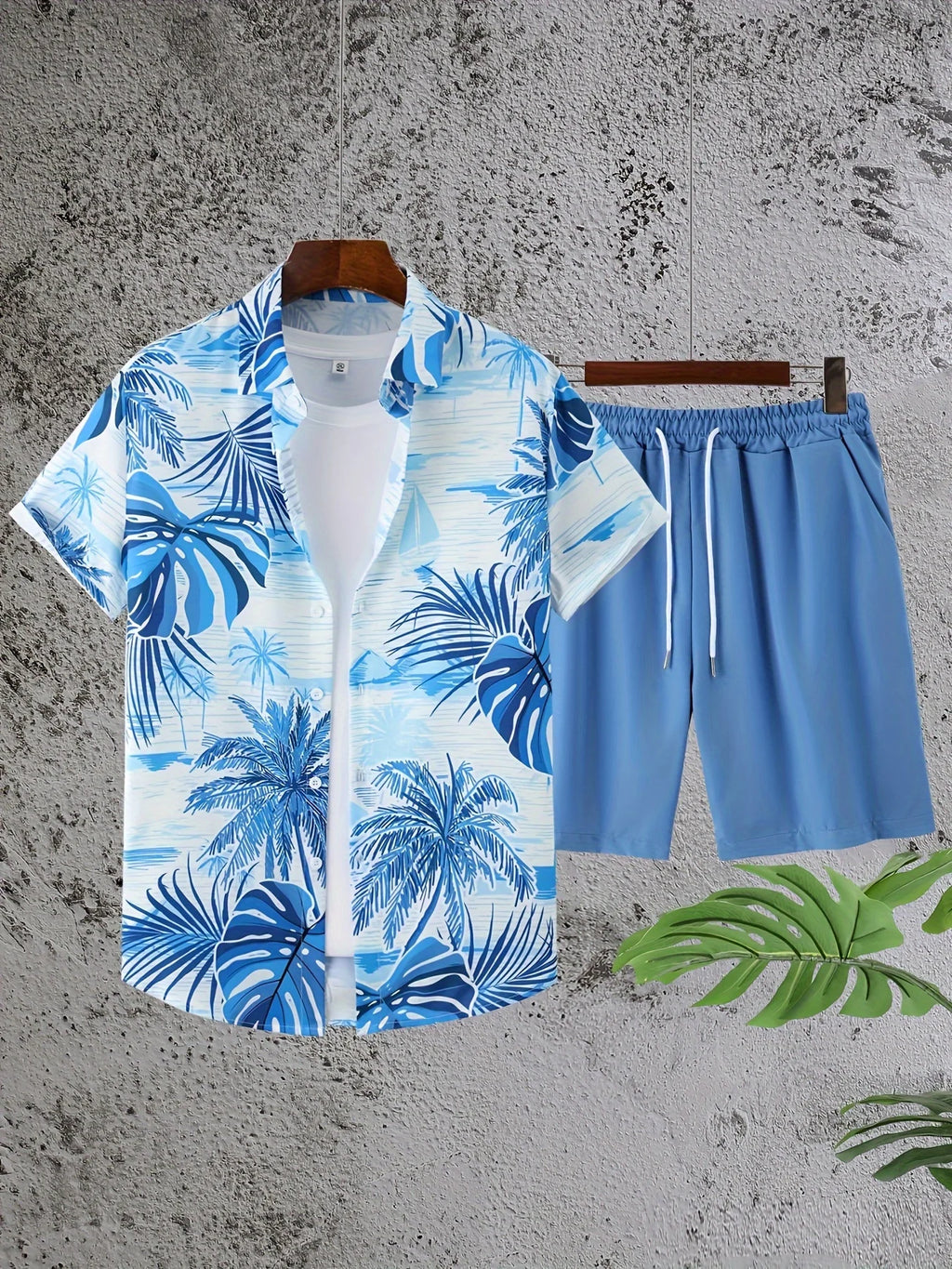 Hawaiian Shirt 3D Coconut Tree Print Short-Sleeve Shirt + Shorts Two-Piece Set Casual Beach Vacation Outfit Men's Clothing