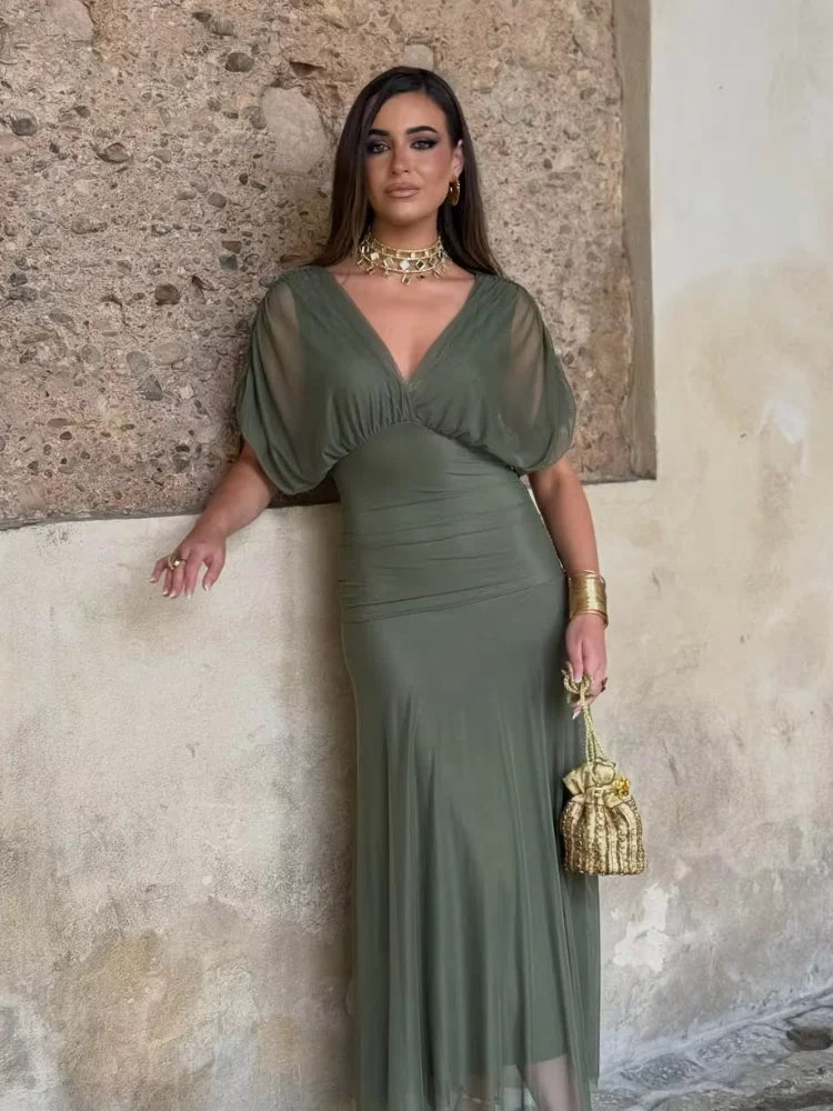 Women Solid Deep V-neck Mesh Long Dress Elegant Puff Short Sleeve Ruched Waist High Vestidos 2026 Summer Lady Casual Street Robe