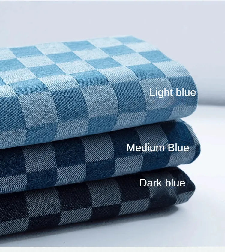 100% Cotton Jacquard Denim Fabric Plaid Jeans By The Meter for Dress Shirt Designer Clothing Sewing Washed Thickened Cloth Blue