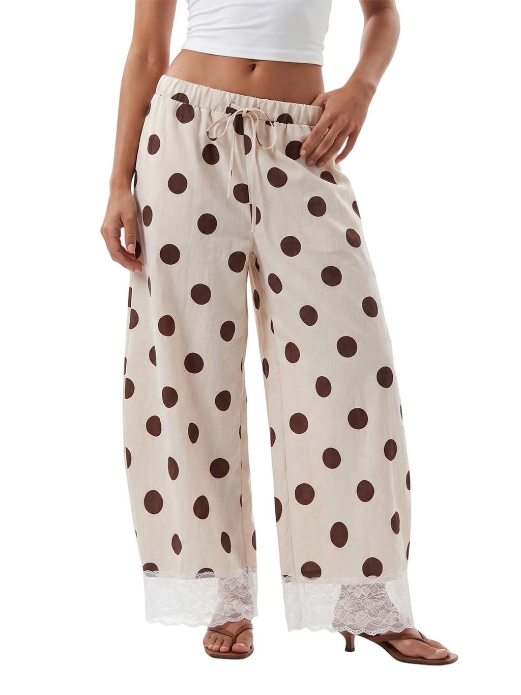 Women Y2K Retro Polka Dot Pants Lace Hem Elastic High Waist Drawstring Loose Fit Trousers Sweet French Style Vacation Bottoms