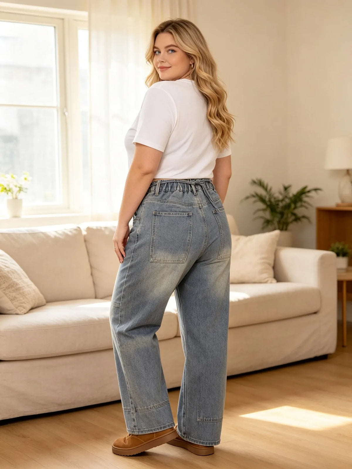 【HME】Jeans | Drawstring Elastic High Waist Denim Pants, Cargo Patch Pockets With Contrast Stitching Wide Leg Denim, Light Wash Vintage Fabric, Relaxed Fit Flattering Pants For Women Daily Commute & Streetwear