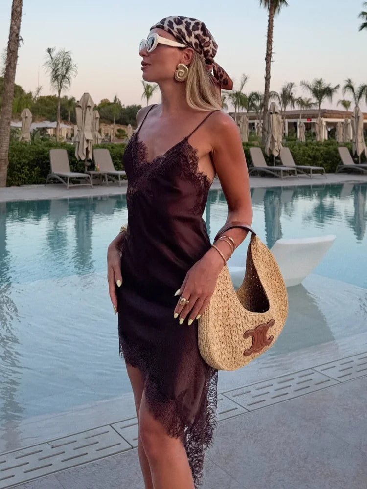 Sexy Solid Sling Lace Dress For Women Fashion Off Shoulder Backless High Waist Mini Vestido 2025 Chic Lady Party Holiday Dresses
