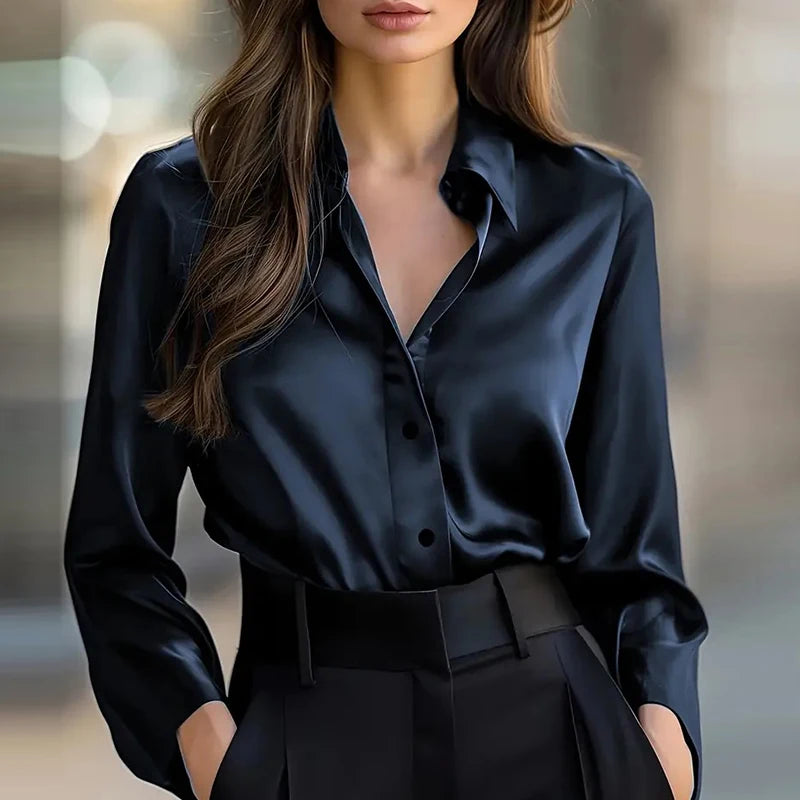 Fashion Women Long Sleeve Silk Shirt Black Turn Down Collar Button Blouse Women Office Tops Mesh See Through Sleeve Satin Shirt