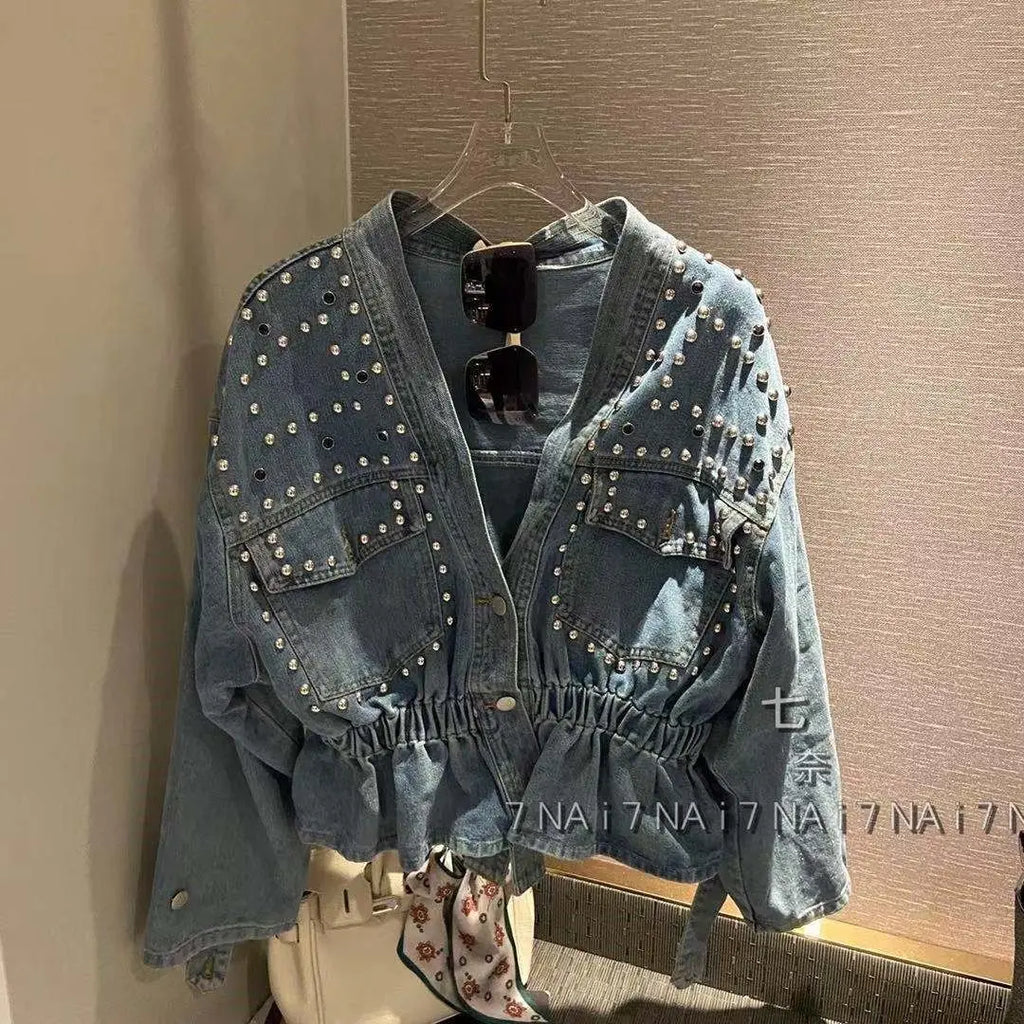 Design Inspired Denim Jacket For women 2026 Spring Autumn New Heavy Industry diamond Studded Nail bead Slimming Long sleeved Top
