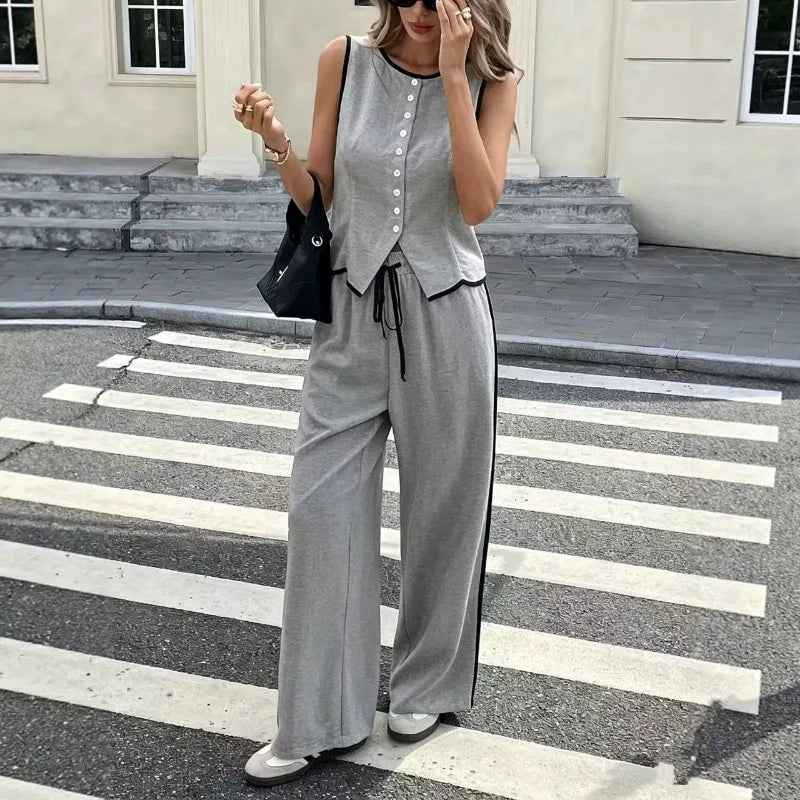 2026 New Multi Color Contrast Edge Tank Top and Trousers Suit Ladies Sleeveless Waistcoat Loose Pants Daily Travel Streetwear