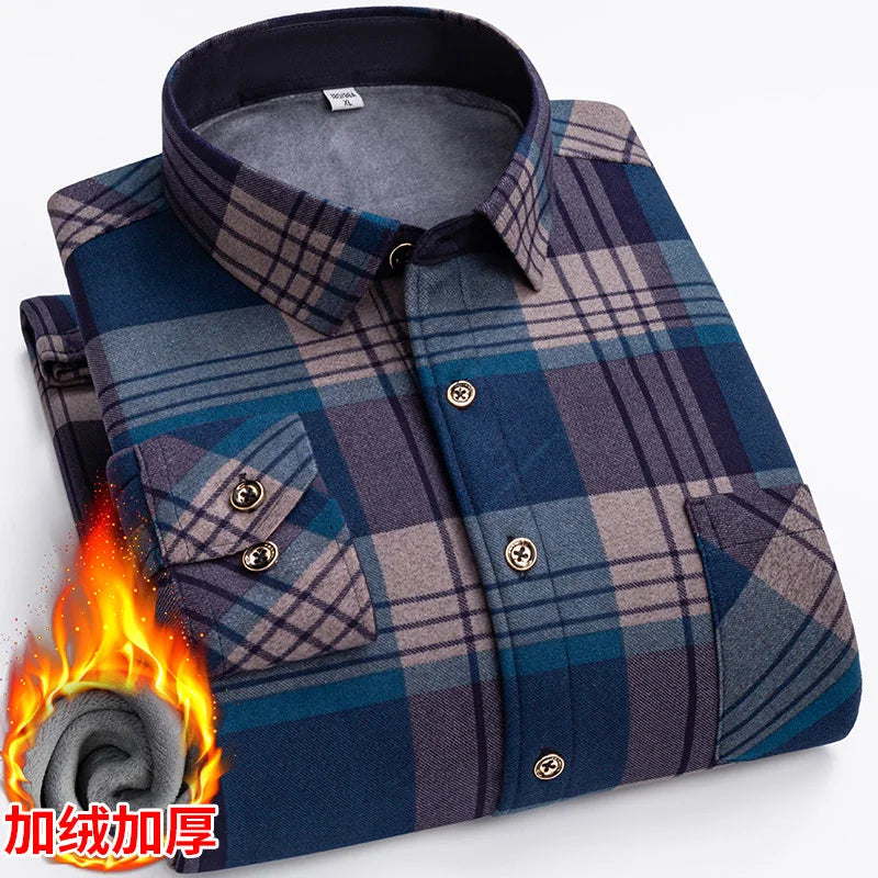 Men's long-sleeved shirts with added fleece and thickening are warm, casual in winter, skin-friendly, soft and cold-resistant