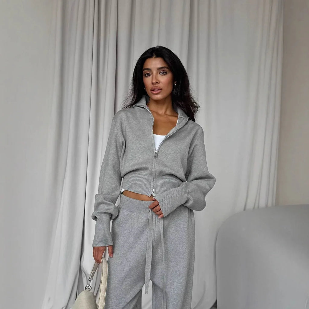 Women Cotton Knitted Cardigan Wide Leg Pants Suit Autumn and Winter Lady  Fashion Loose Daily Office Jacket Straight Pants 2Pcs