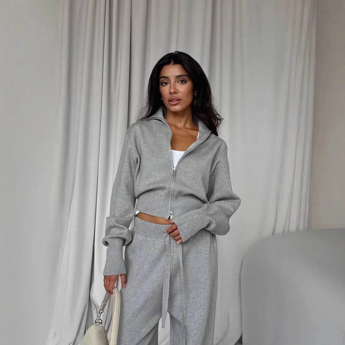 Women Cotton Knitted Cardigan Wide Leg Pants Suit Autumn and Winter Lady  Fashion Loose Daily Office Jacket Straight Pants 2Pcs