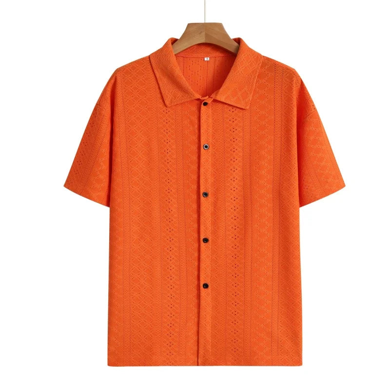 Men's Vacation Casual Style Knitted Geometric Striped Crochet Textured Jacquard Loose Short-Sleeve Shirt Hawaiian Beach Shirts