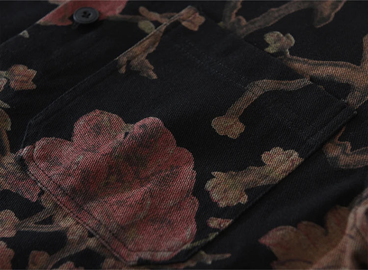 2025 Autumn New Casual Floral Print Shirt for Men Cotton Loose Long Sleeve Rose Denim Shirts Fashion Men's Clothing