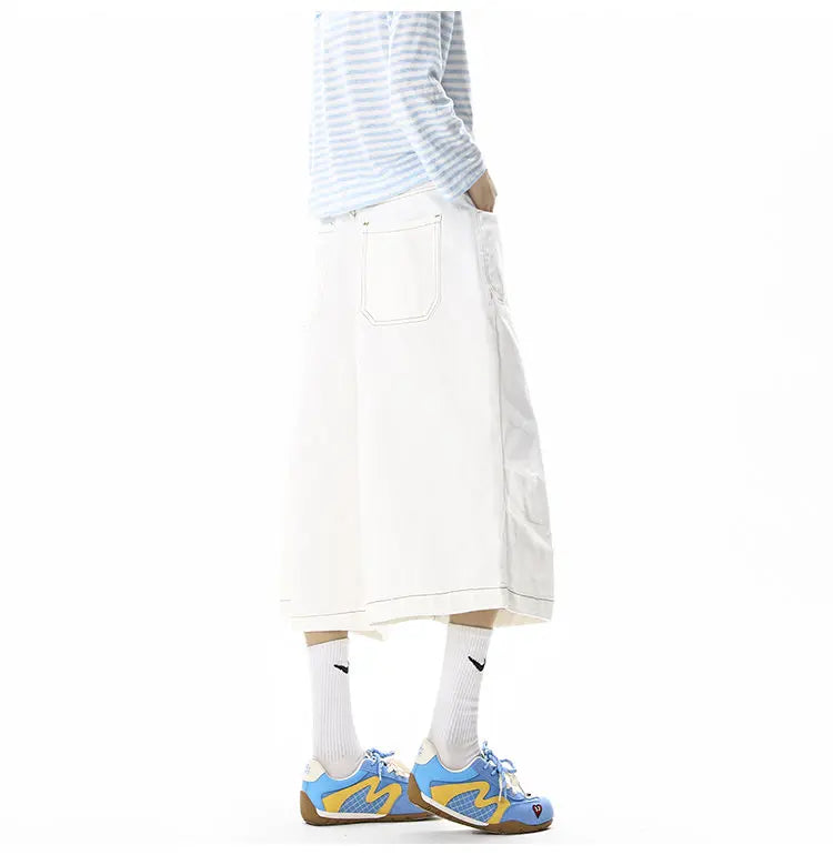White denim pants men capri pants fashion trendy summer denim fabric visible stitching design, streetwear outdoor sports pants