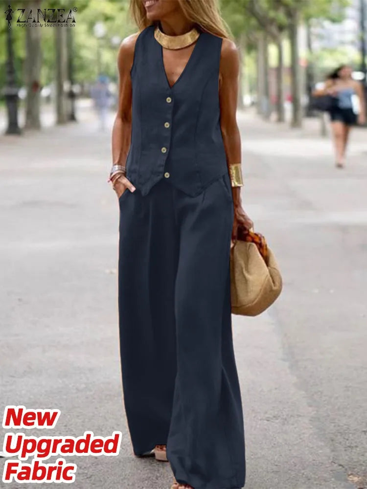 ZANZEA 2026 Women's Two-Piece Sets Wide Leg Pants & Vest Tops Summer Elegant Casual Pant Suits Outfits Office Work Plus Size 5XL